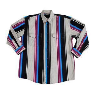 VTG Western Signatures Eds West Brush popper Stripe Grey Blue Button Shirt L